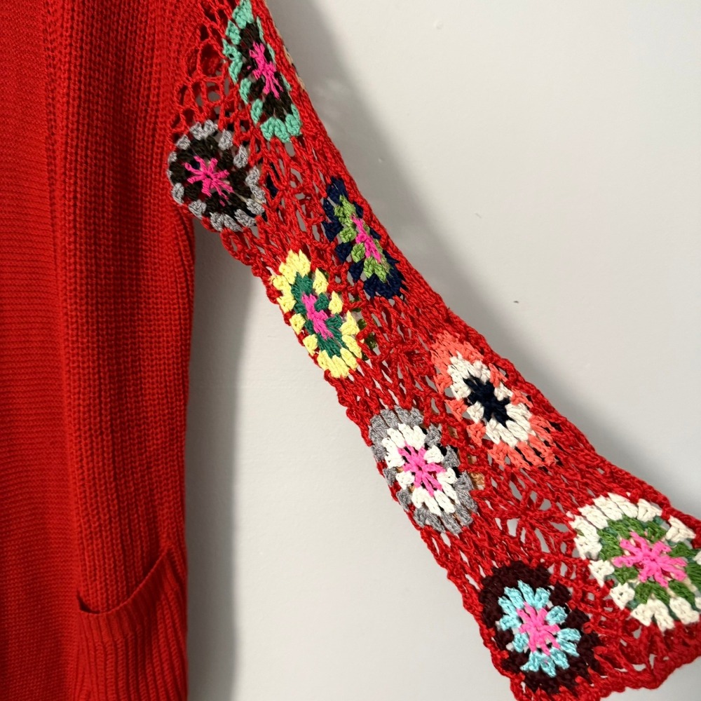 Blakeley Red Crochet Granny Square Sleeve Open Front Cardigan Sweater OS Womens - Picture 6 of 16